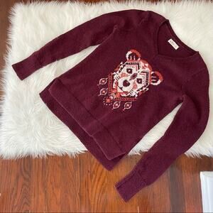 Hollister Co. Burgundy Sweater Tiger Bear Cat Red BOHO V neck Small